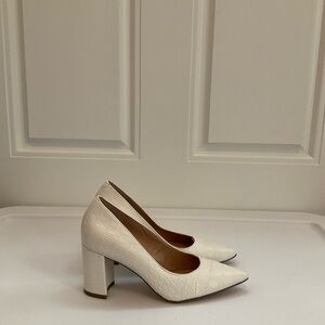 Elegant White Croc-Embossed Closed Toe Block Heels